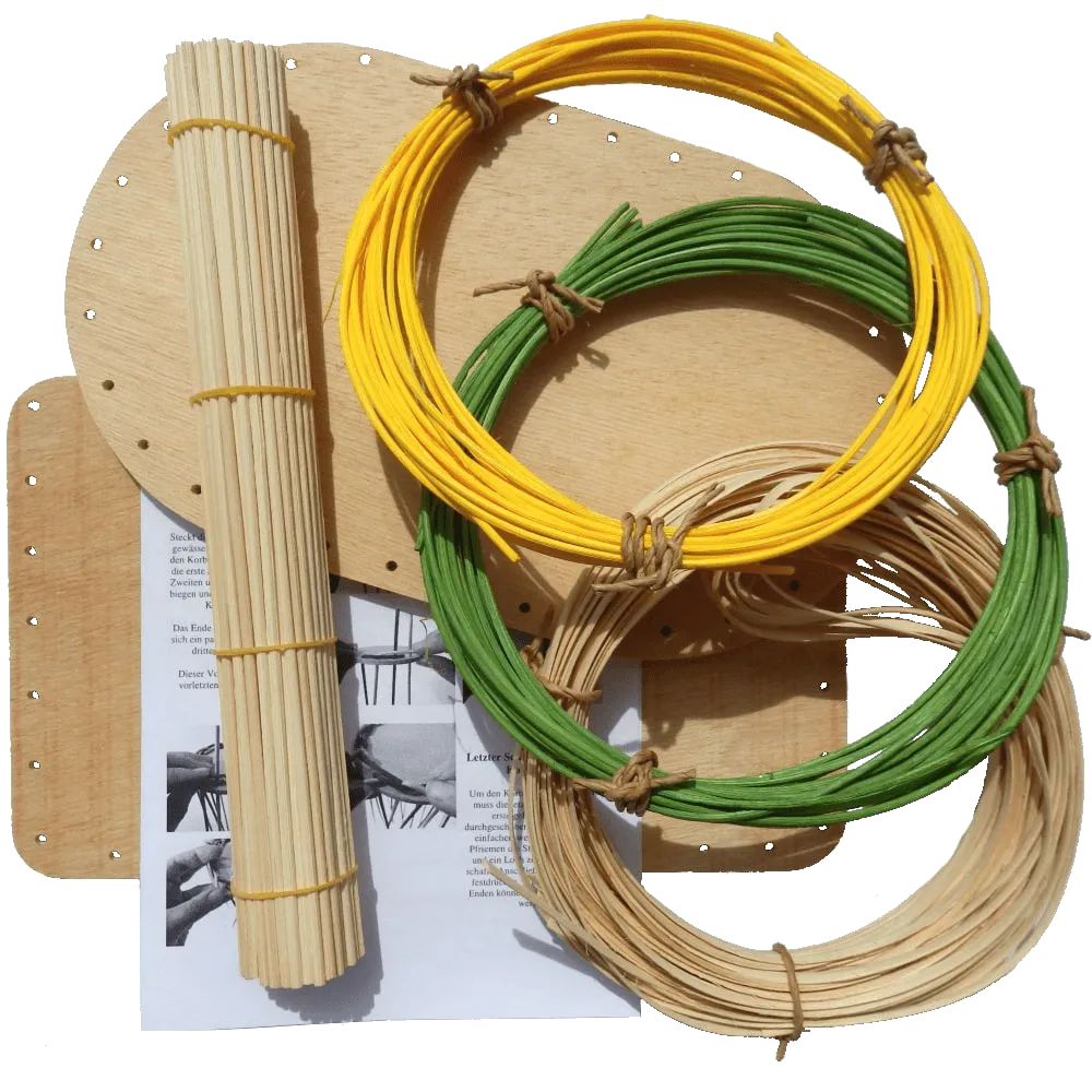 Korbflechtset Nr.14 Flechtboden Peddigschiene Peddigrohr gelb+grün Staken