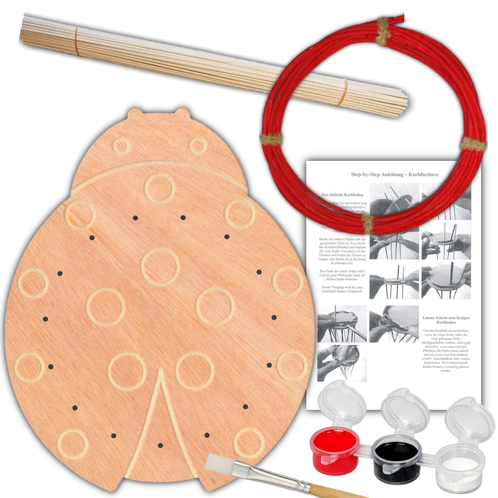 Inhalt Kinder Flechtset Marienkäfer mit Flechtboden, Farben, Pinsel, Staken und Peddigrohr