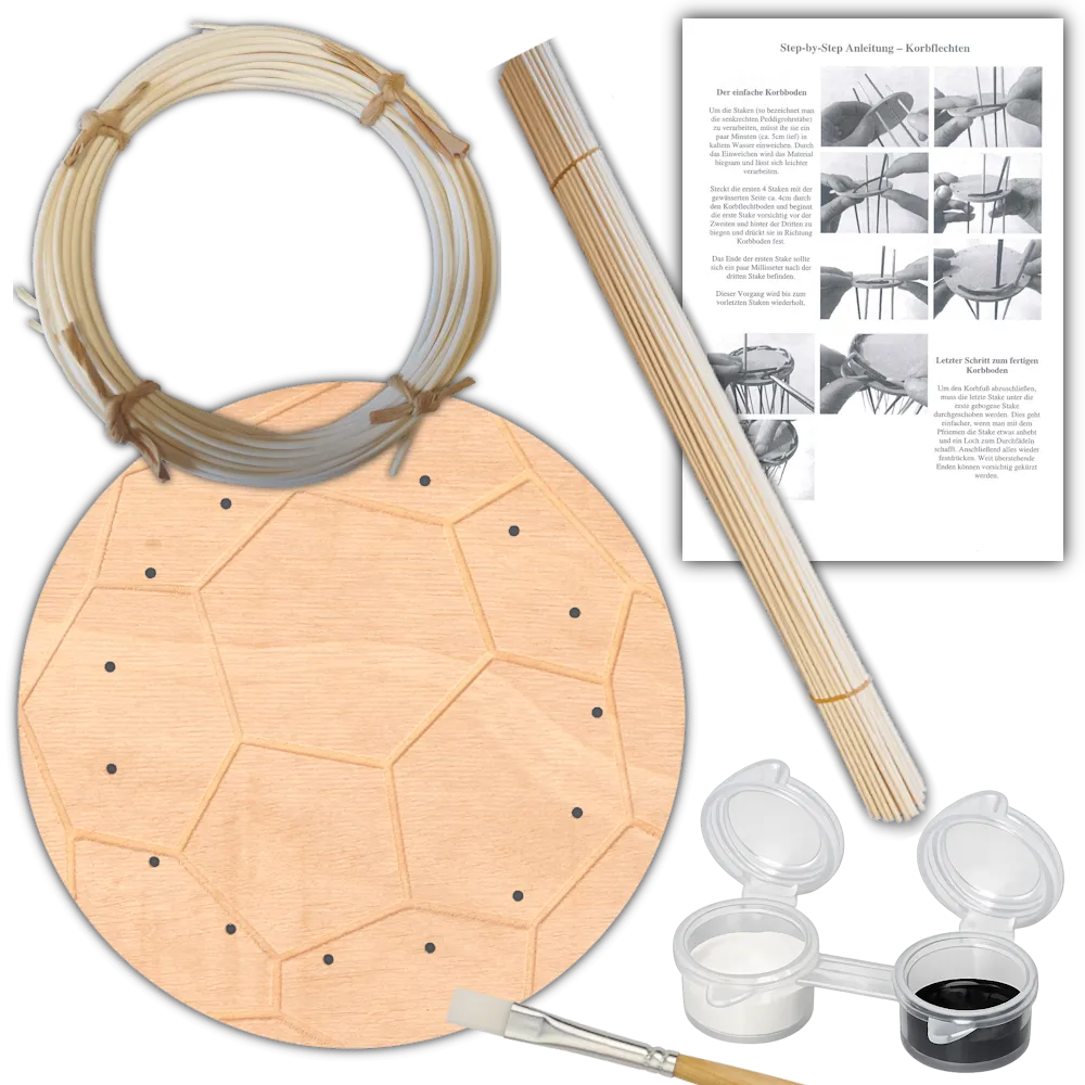 Inhalt Kinder Flechtset Fußball mit Flechtboden Farben Pinsel und Peddigrohr