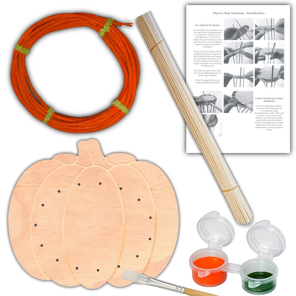 Inhalt Kinder Flechtset Kürbis mit Flechtboden Farben und Peddigrohr